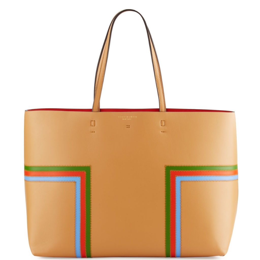 Tory Burch Block-T Striped Leather Tote Bag Crema